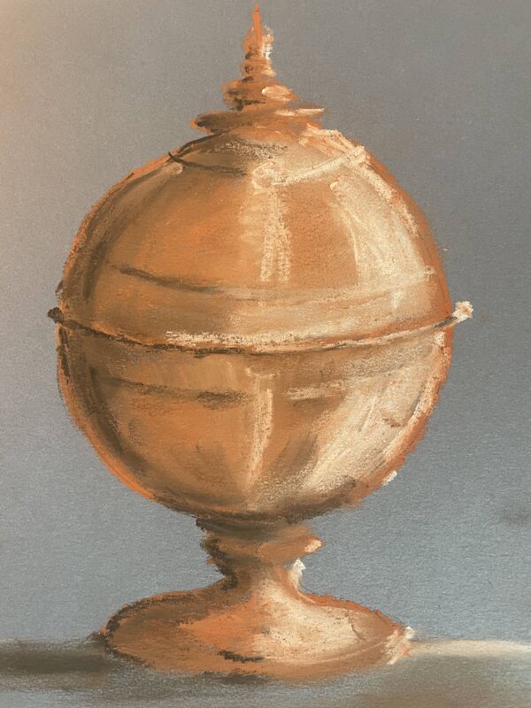 Tableau signé Pastel terracotta « bonbonnière terre cuite » papier indigo