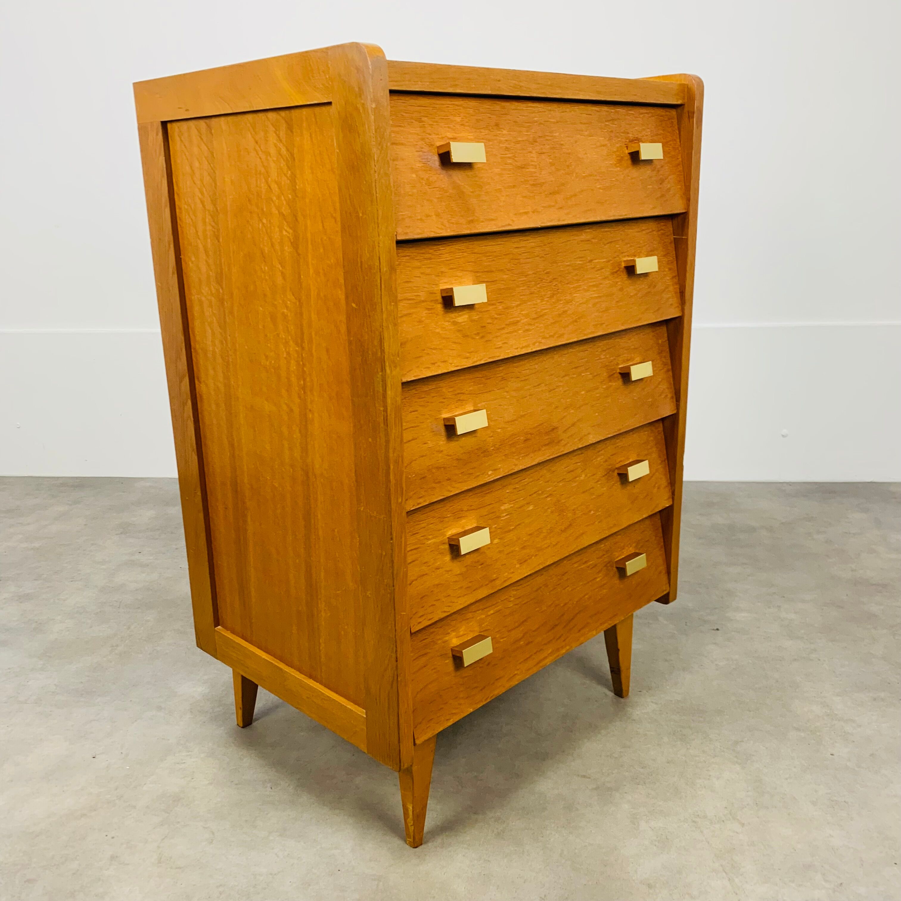 Commode chiffonnier pieds compas années 50 bois blond