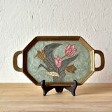 Small vintage brass tray with cloisonné enamel floral decoration - 1960.