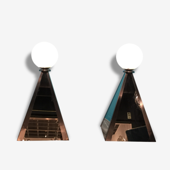 Paire de lampes pyramidales design italien 1970 acier et miroir