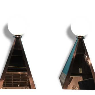 Paire de lampes pyramidales design italien 1970 acier et miroir