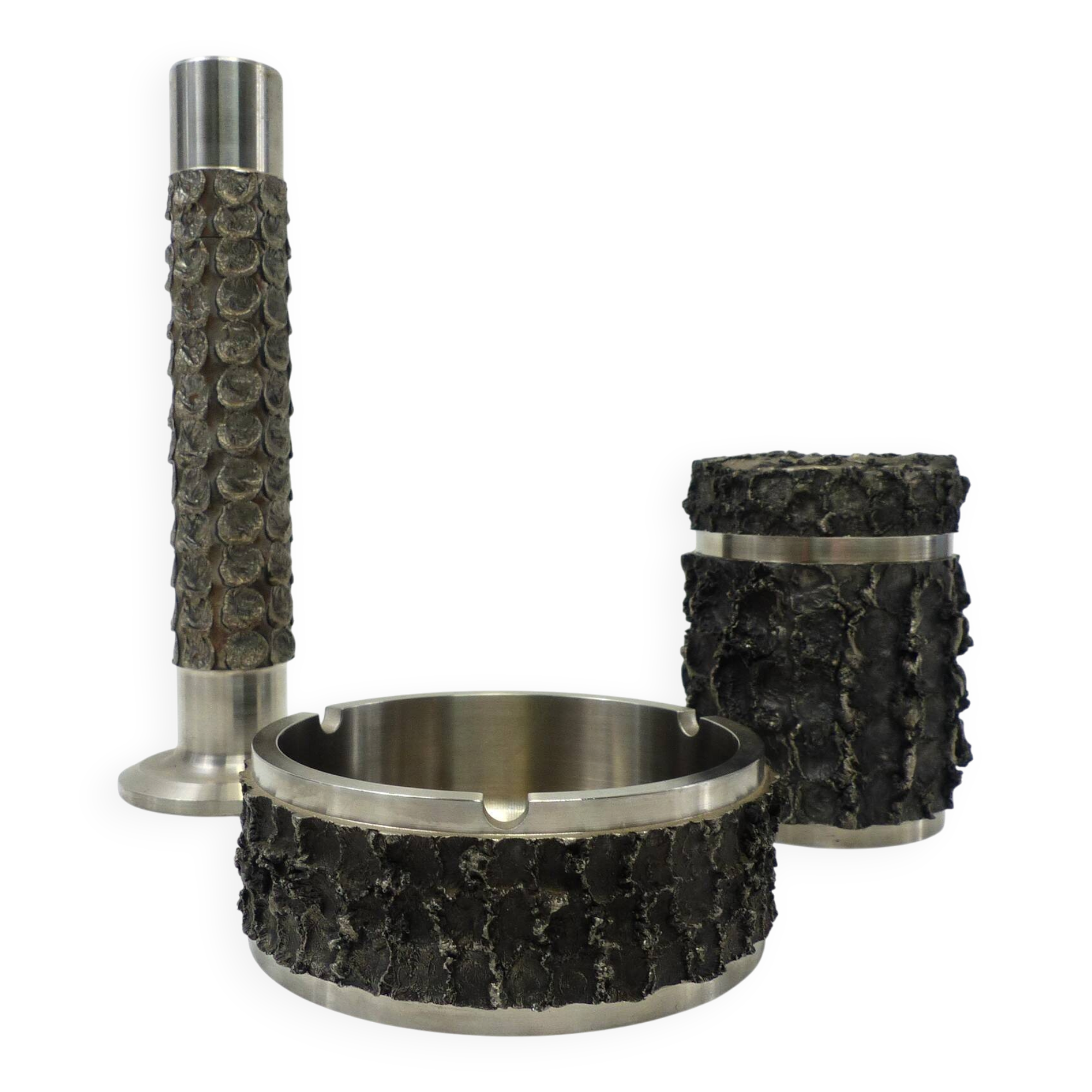 Brutalist metal BMF set – Ashtray, cigarette box and vase
