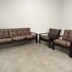 Living room sofa and brutalist armchairs in leather and wood, 70s, chalet style