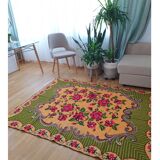 Gorgeous cross stitch floral carpet with red roses made by hand on heme Romania 148x196cm