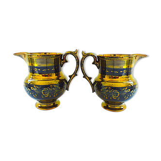 Pair of lustrous Staffordshire earthenware pitchers called "Jersey" earthenware