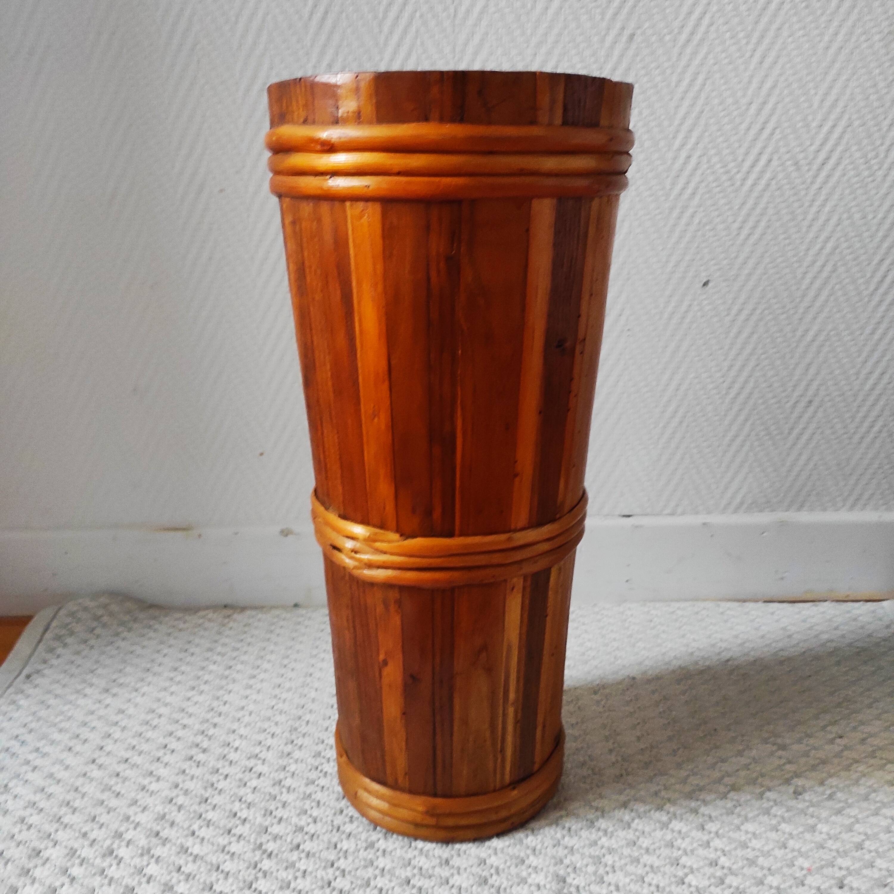 Vintage wooden and rattan umbrella stand
