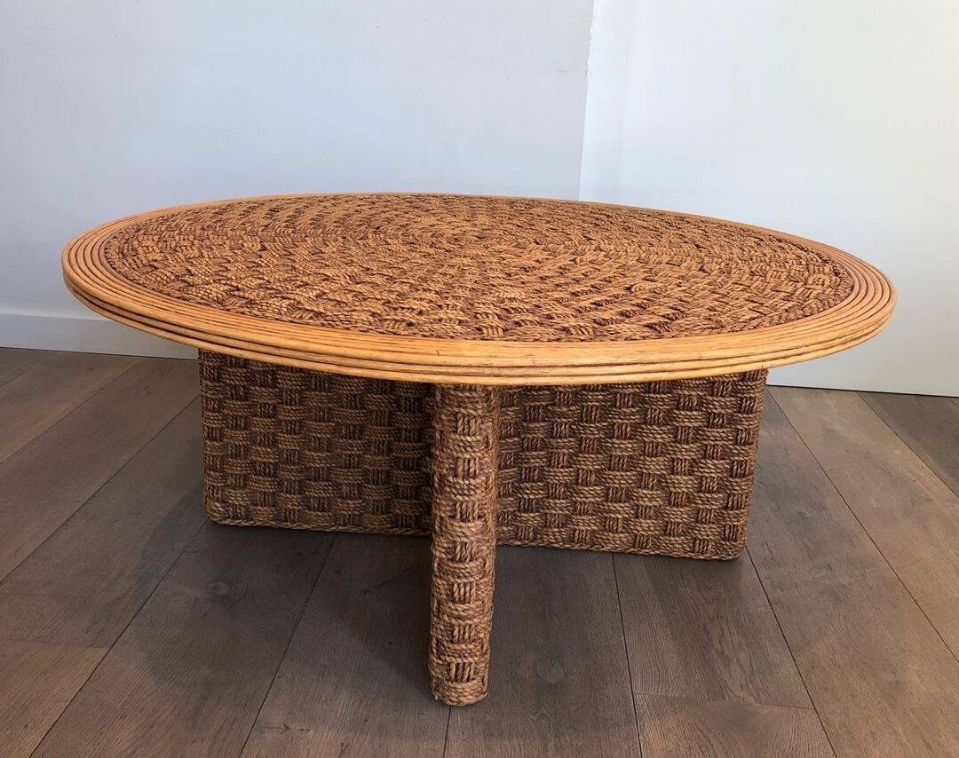 Large Round Coffee Table in Rope and Wood, in the Style of Audoux-Minet, Fra