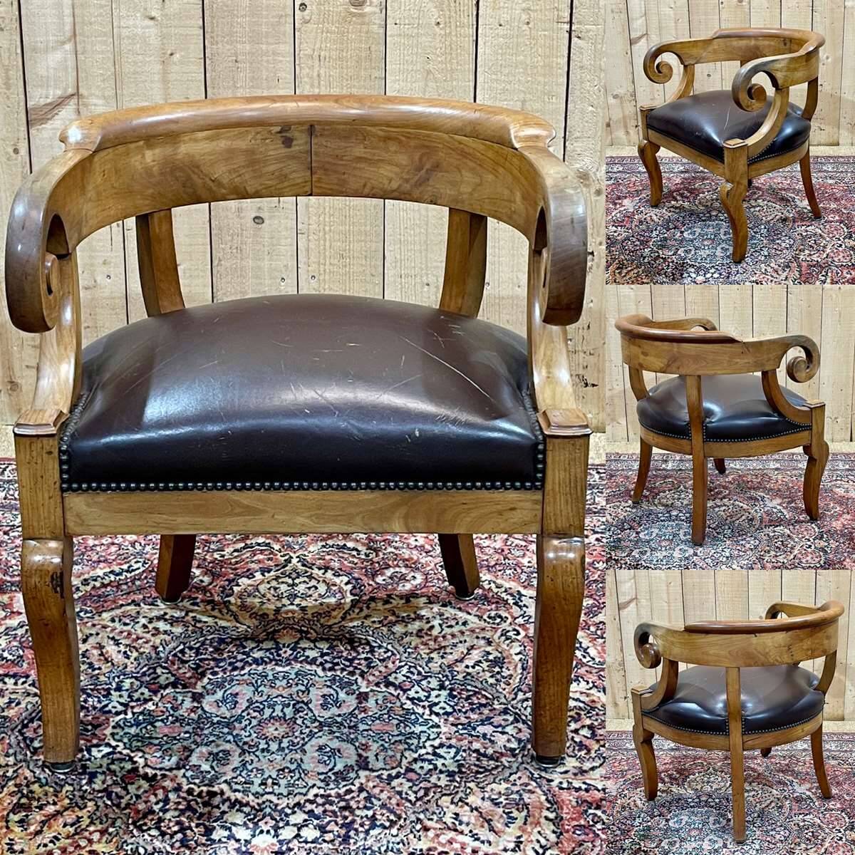 19th century French armchair in cherry wood and leather seat