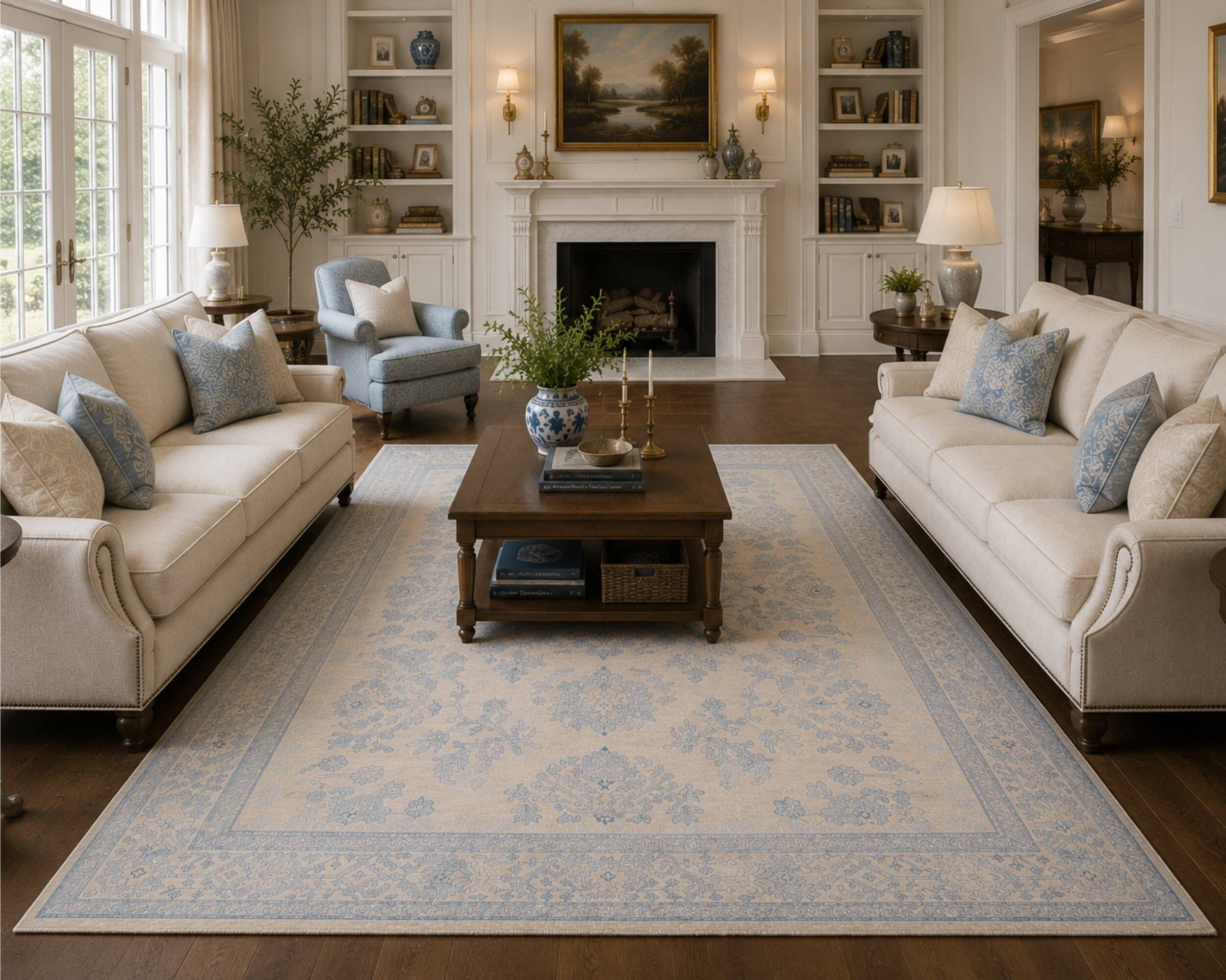 Handknotted Light Blue Rug Cream Oversize Floral Zeigler Carpet Home Interi