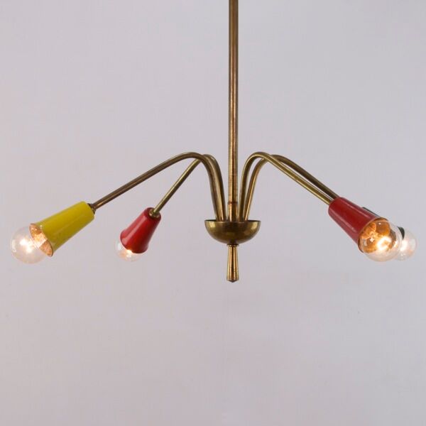Lustre vintage 1950, 4 bras, laiton et couleurs, 60cm de diamètre