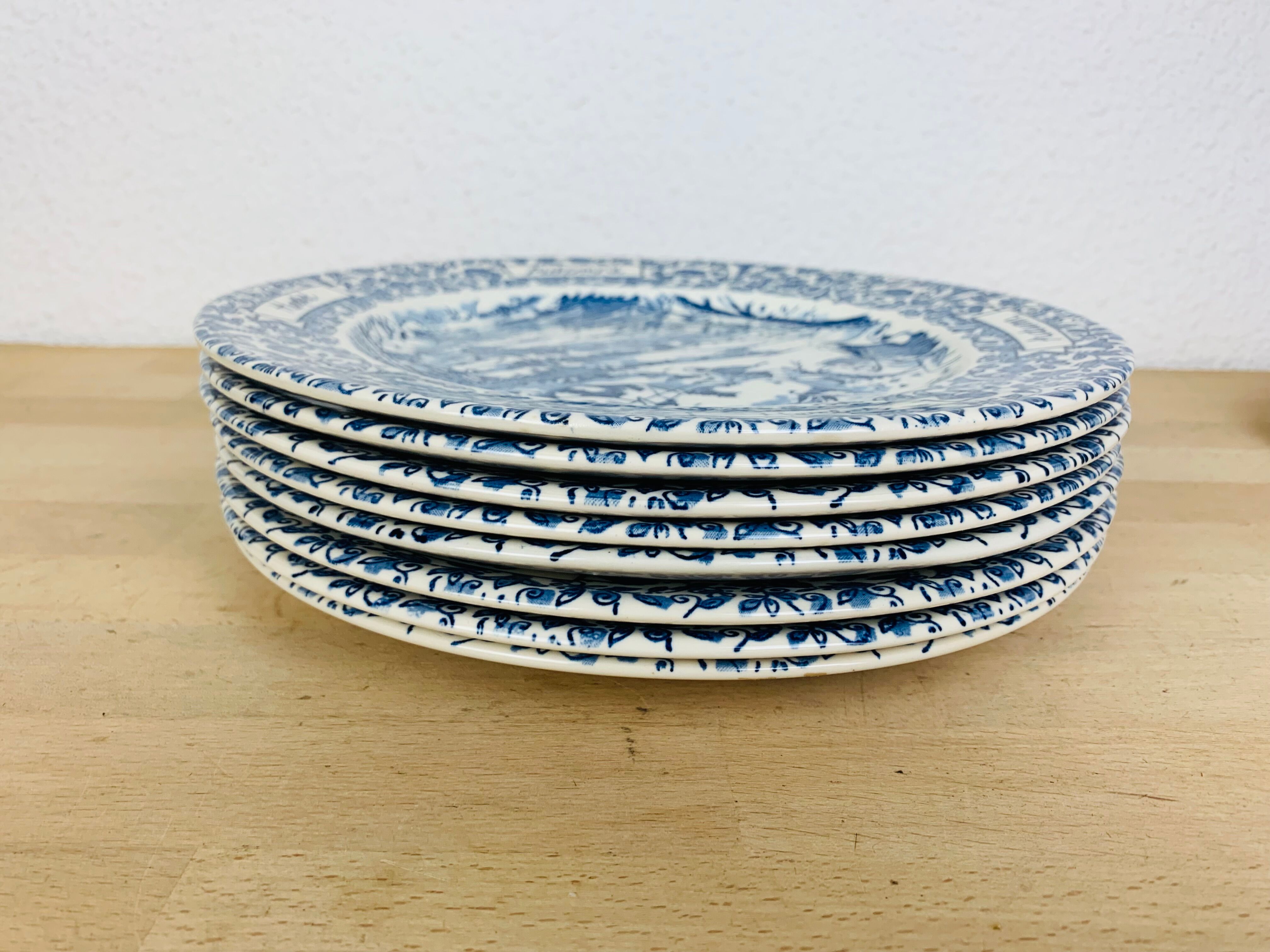 8 assiettes terre de fer anglaises bleues "automne" England ironstone
