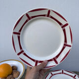 7 flat plates in white and red burgundy porcelain vintage Badonviller model Louise