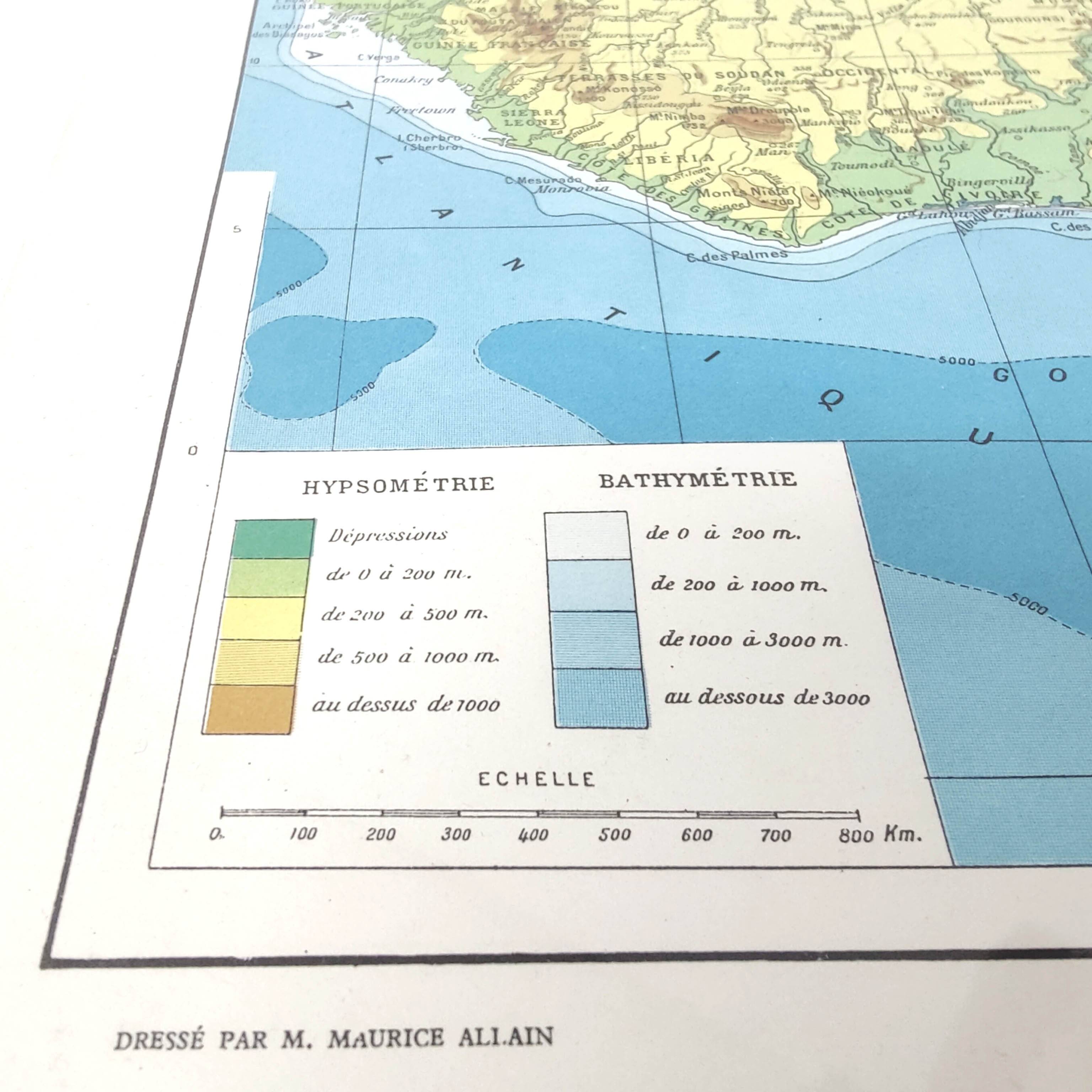 Antique map of French equatorial and western Africa in 1950 43x43cm