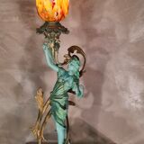 Old lamp in green and bronze patinated regula with pretty multi-colored opaline tulip