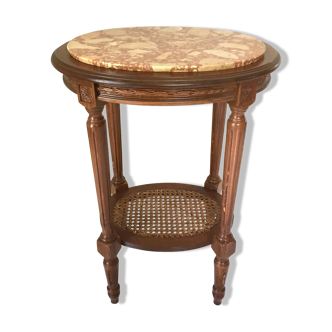 Cannage and marble pedestal table