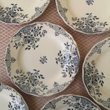 Set of 6 old flat plates, blue décor, Sarreguemines