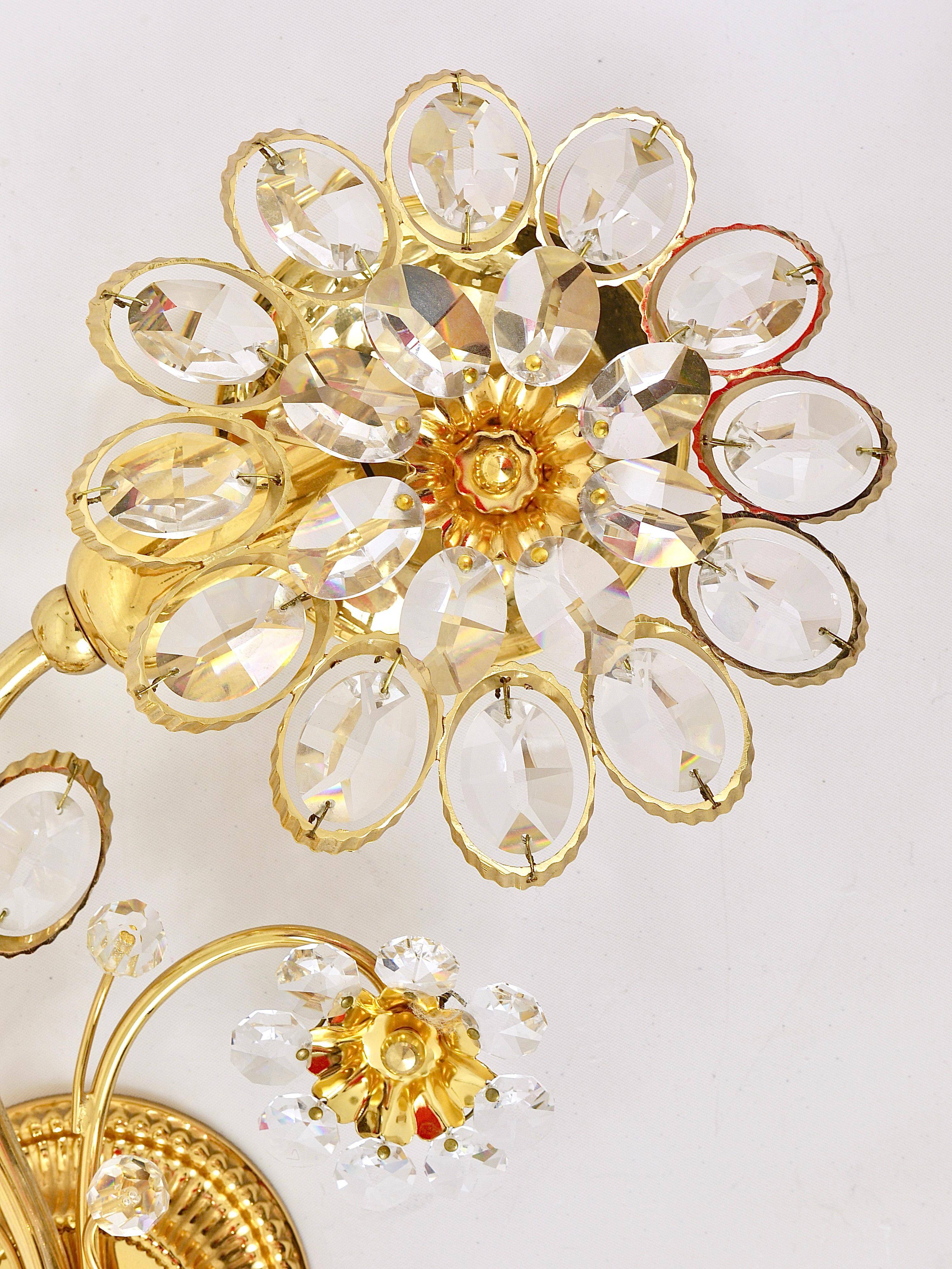 Paire d'appliques murales fleur en cristal laiton doré Ernst Palme, Palwa Allemagne, années 1970