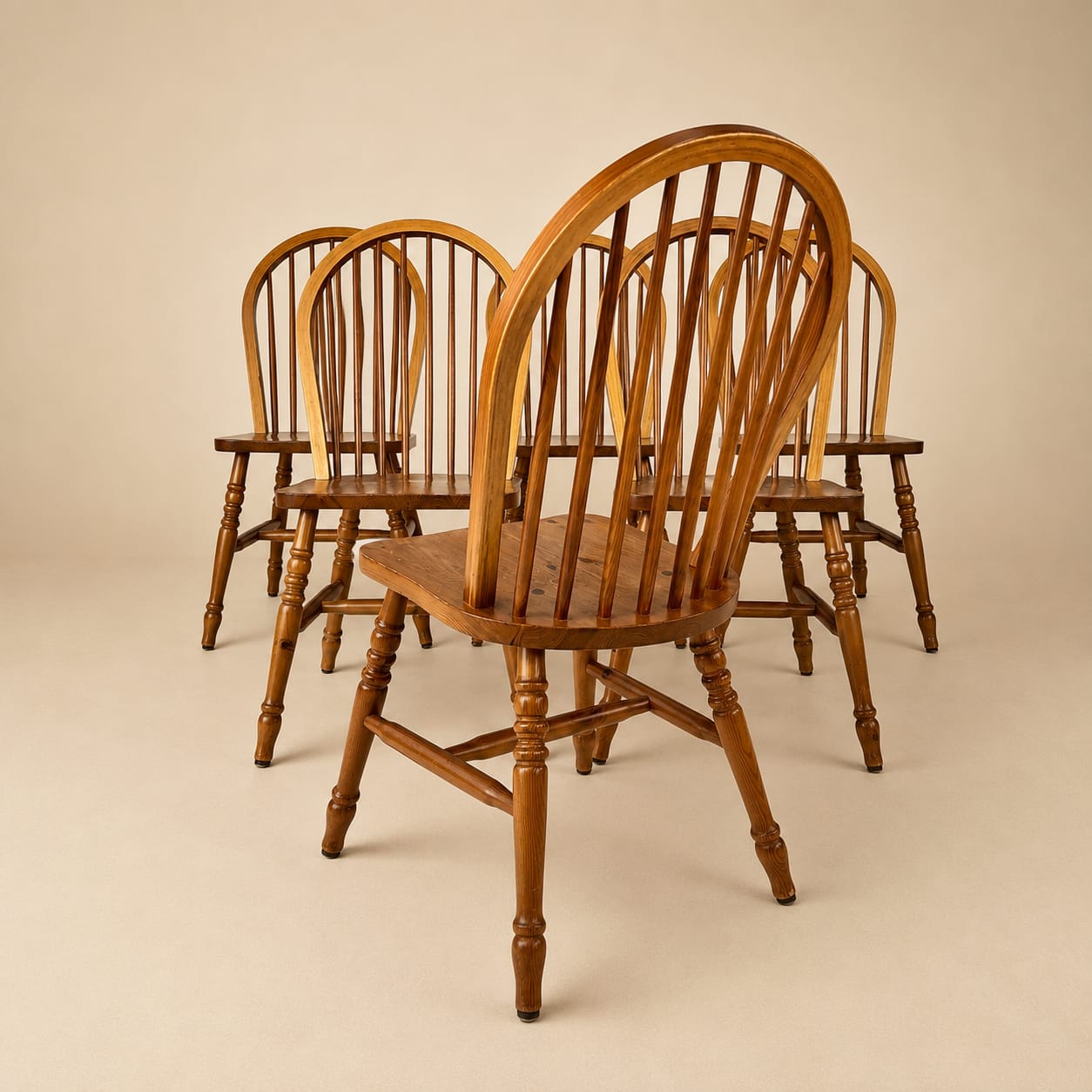 Set of 6 Scandinavian pine wingback chairs, 1970s