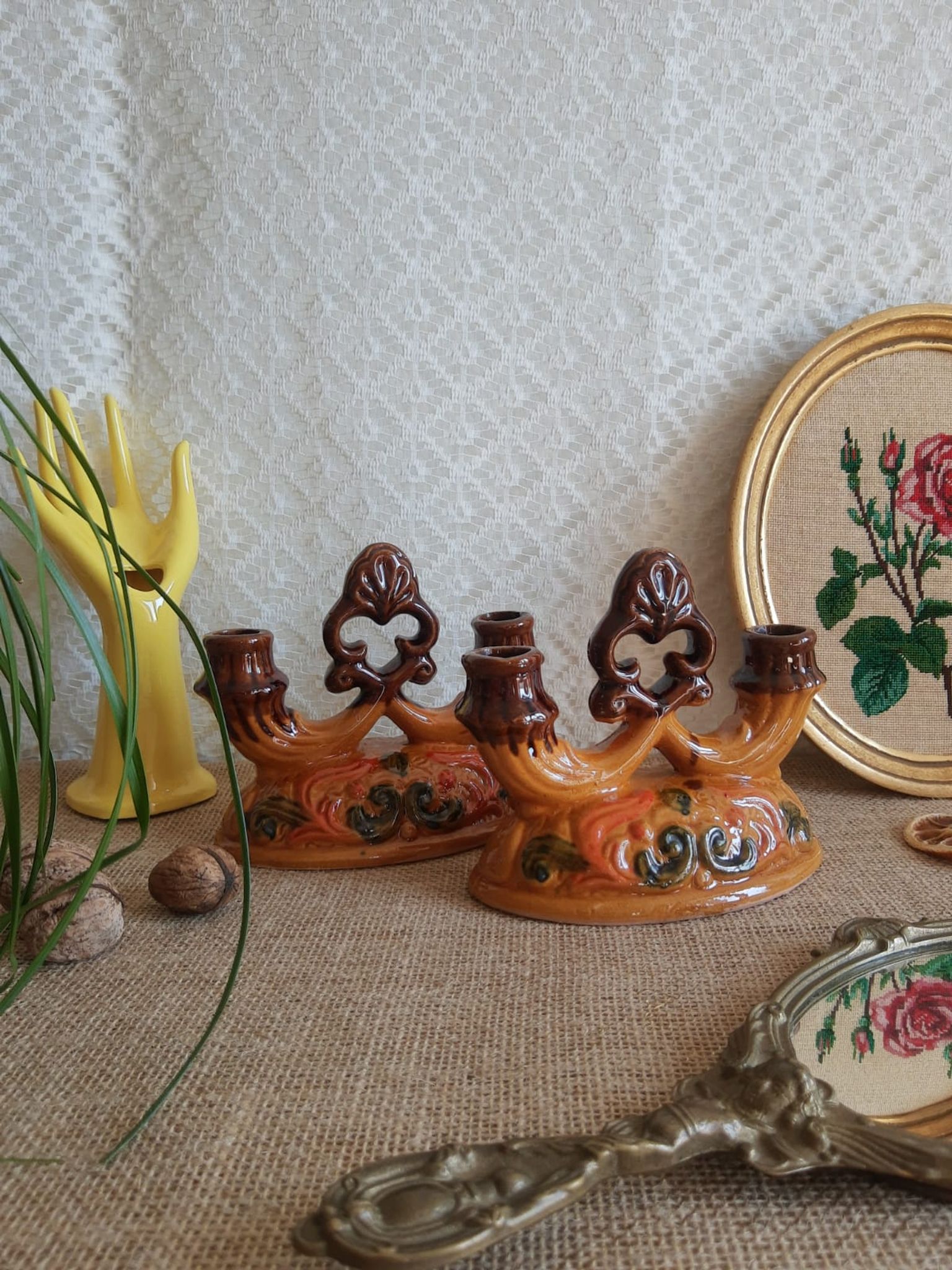 Paire de bougeoirs double barbotine - vintage
