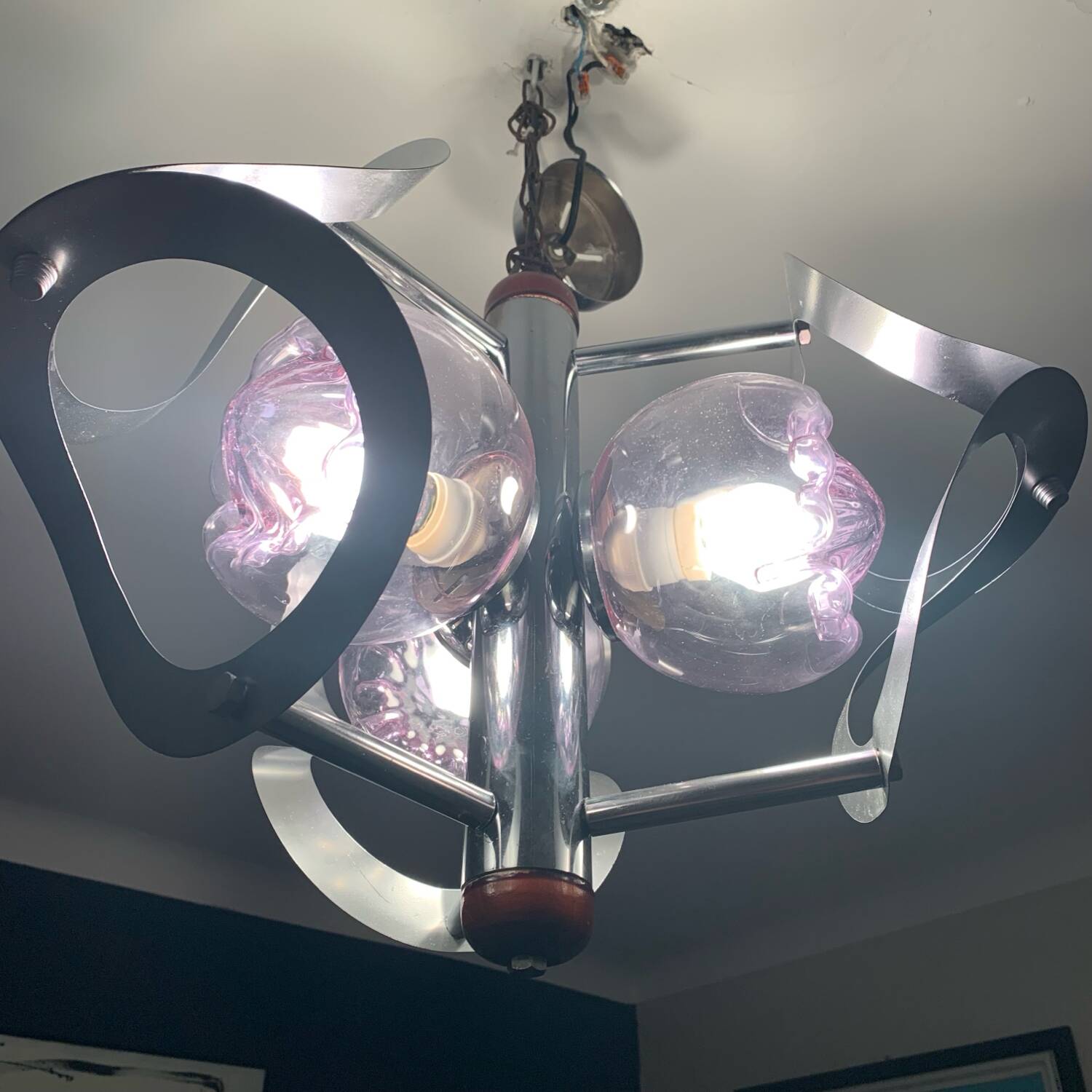 Mazzega Chandelier 3 Lights Globes Murano Mauves Space Age 70's Chrome