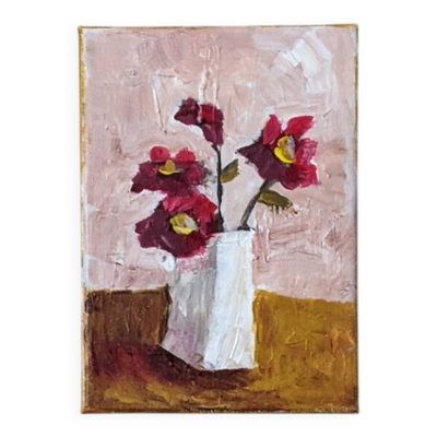 Acrylique sur toile, peinture contemporaine, nature morte au bouquet