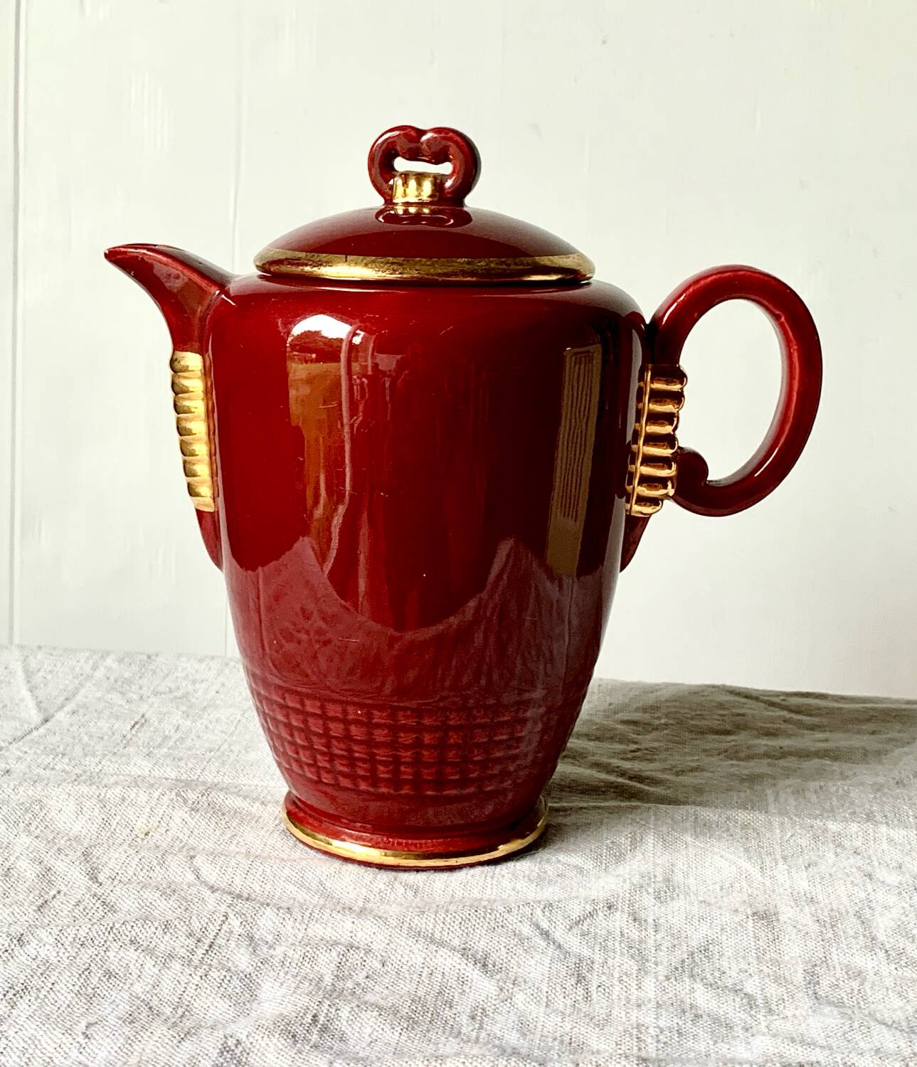Antique Saint Clément coffee pot in burgundy and gold
