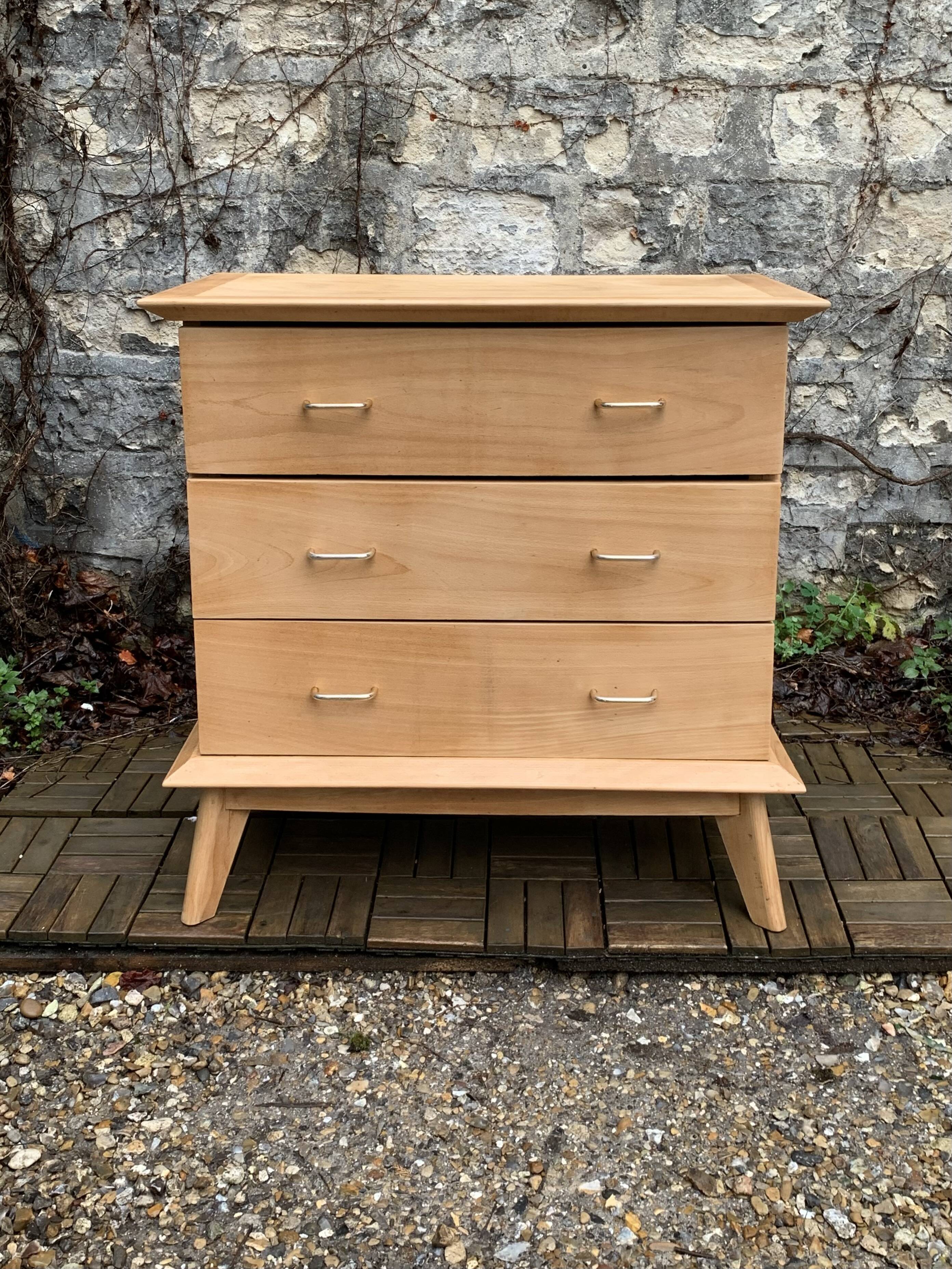 Vintage chest of drawers with compass feet, solid raw beech, 1960s