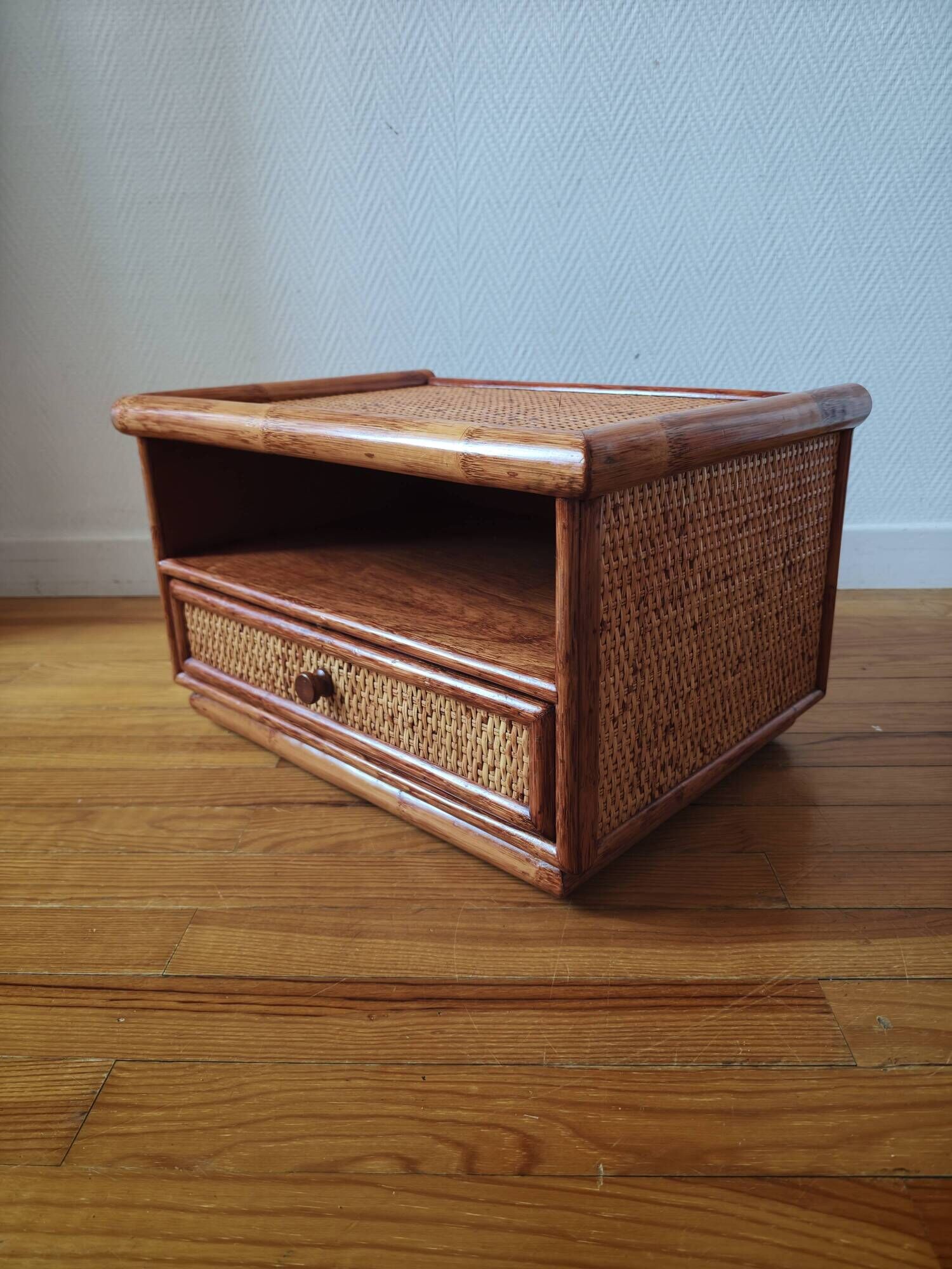 Rattan bedside table from the 1970s-80s.