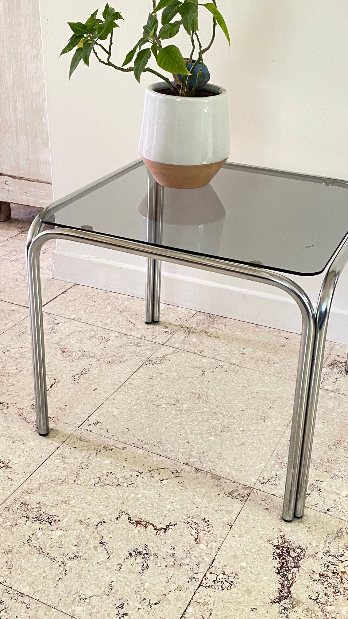 1970s coffee table glass and chrome steel