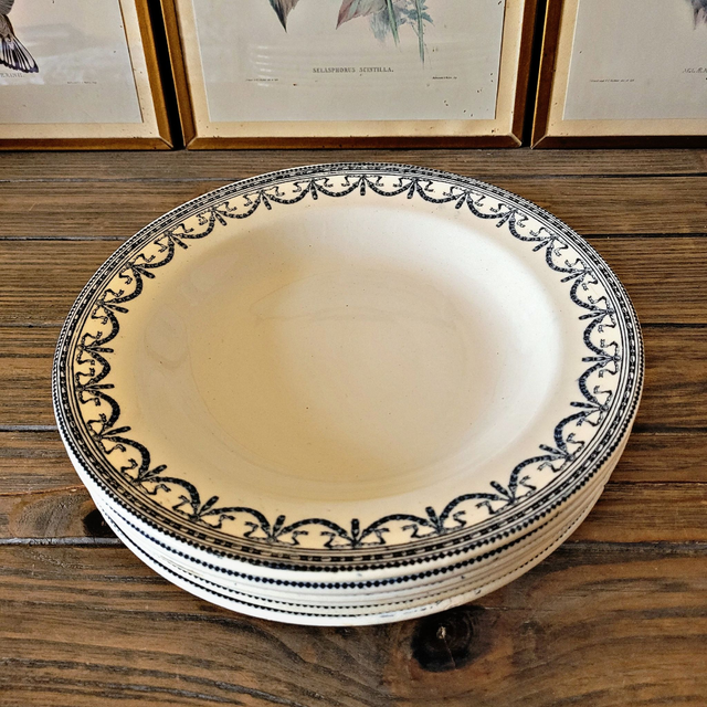 Salins R&A ironstone soup plates, Louis XVI Garland pattern