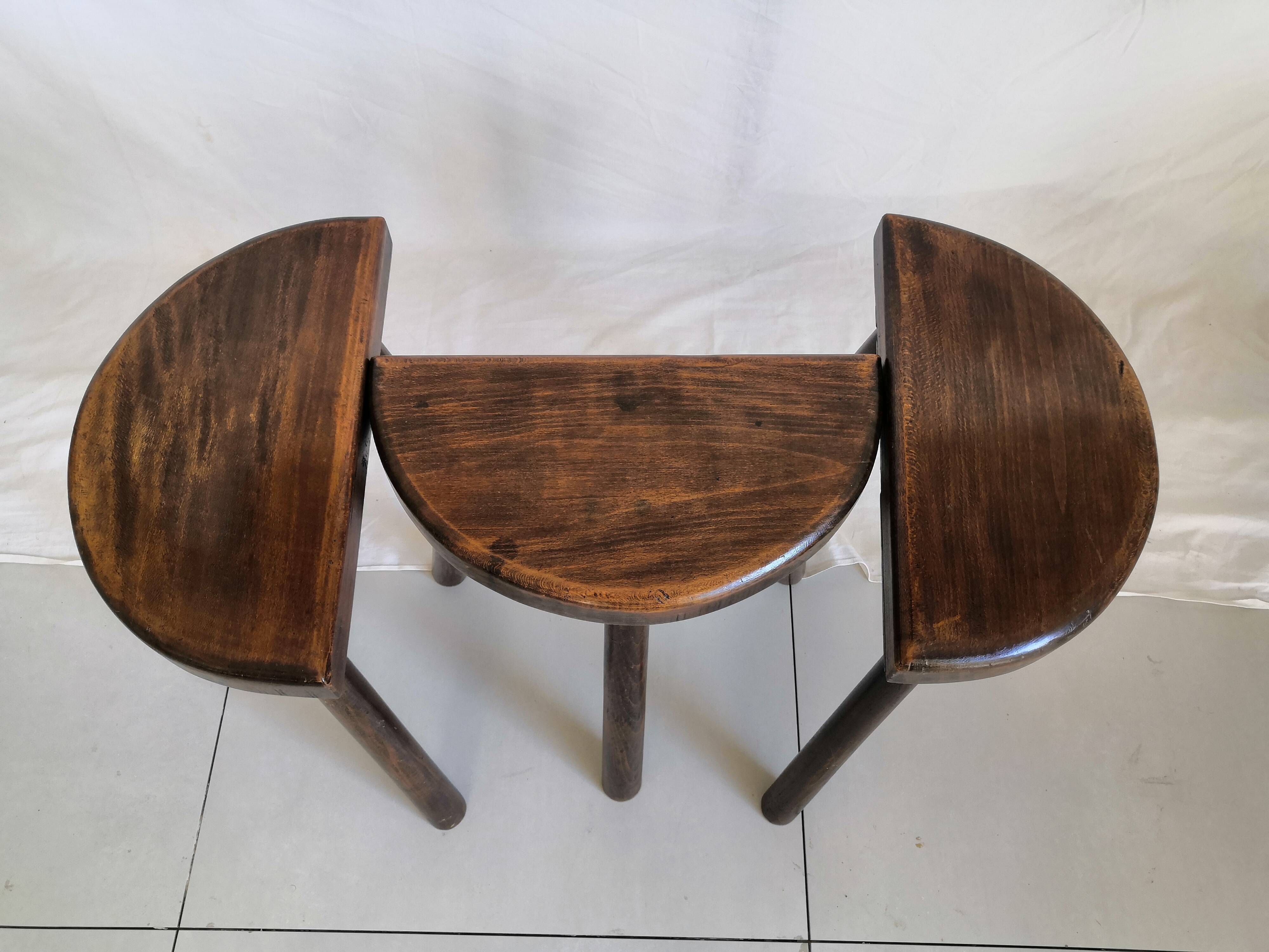 Trio of stools solid wood tripod brutal vintage brutalist