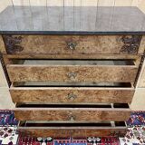 Commode secrétaire du XIXème en loupe d'orme, sapin et dessus marbre noir