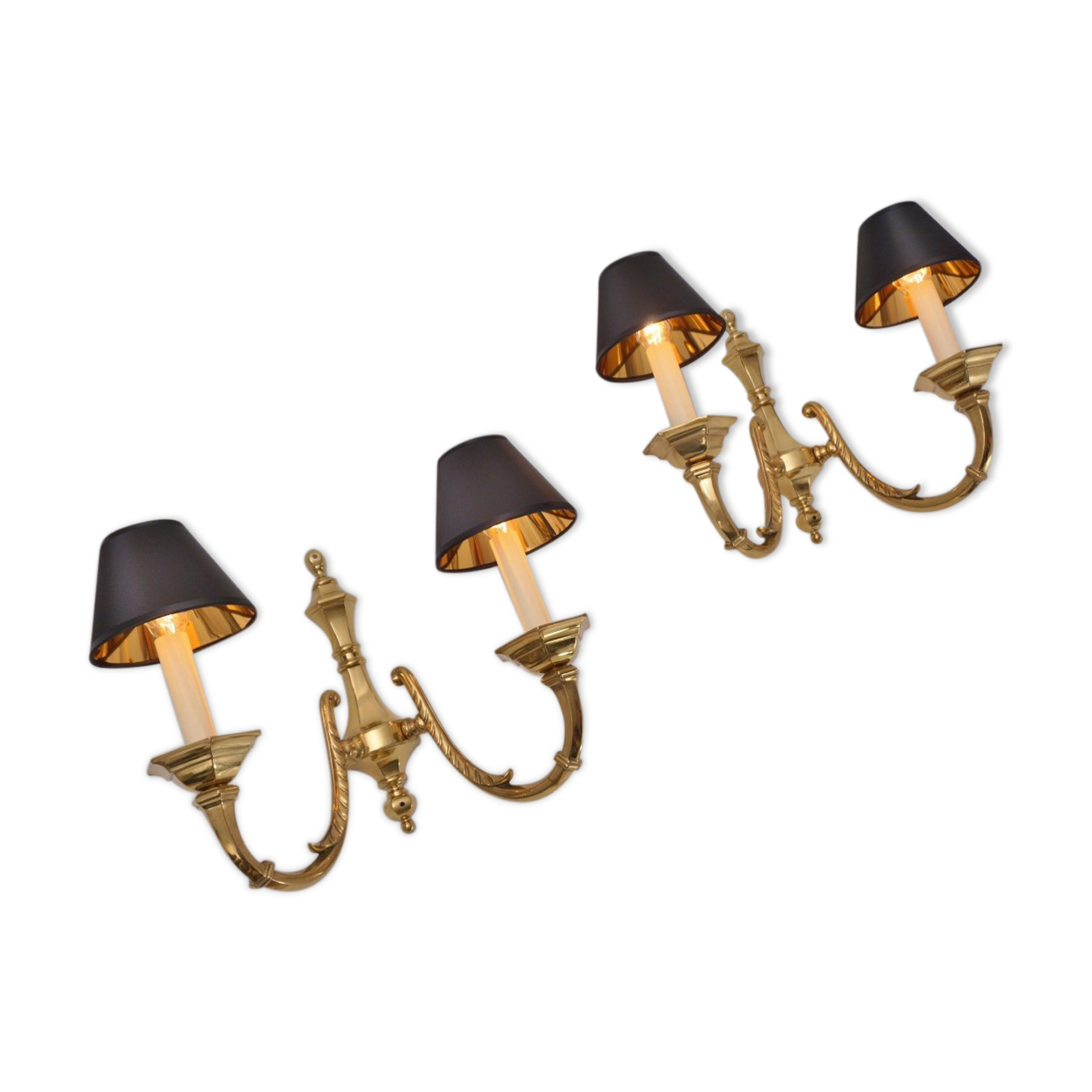 Pair brass wall lights sconces, twin arm, Neoclassical, 1950`s ca, English