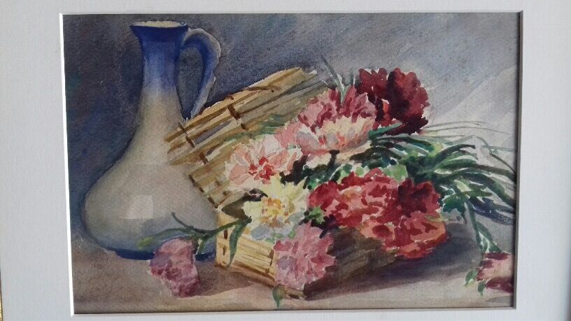 Ancient watercolor with flower basket and pitcher