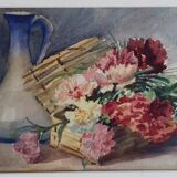 Aquarelle ancienne avec panier fleuri et pichet