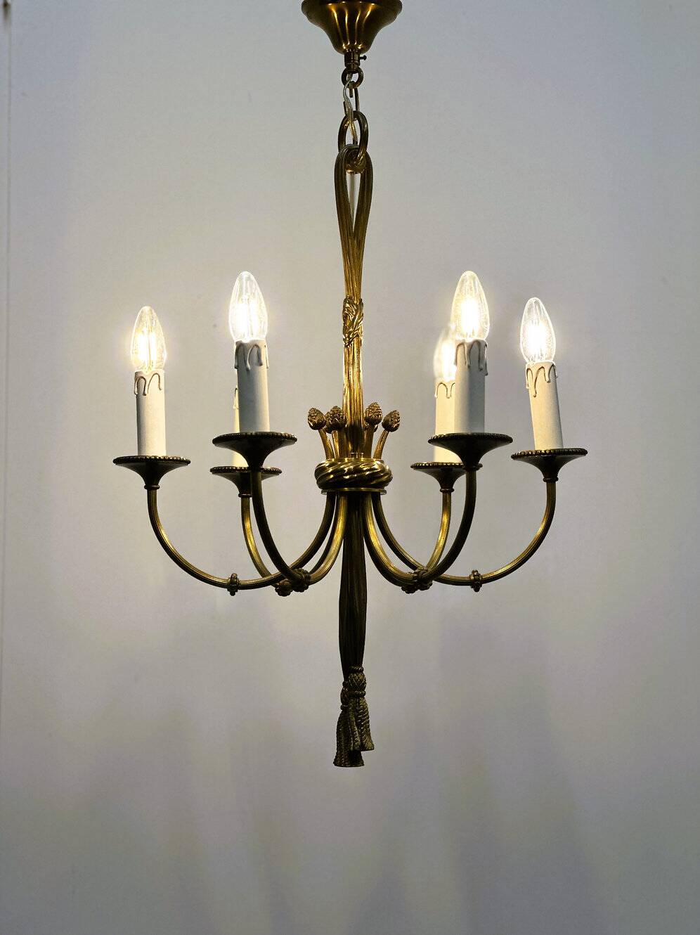 Vintage brass rope & tassel chandelier with 6 lights, France, 1950s