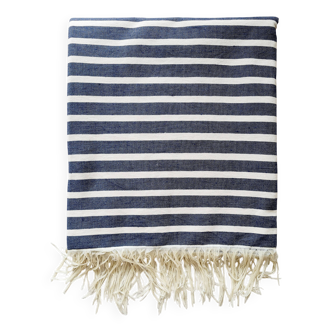 Plaid tissé main à rayures marine et crème - franges légères