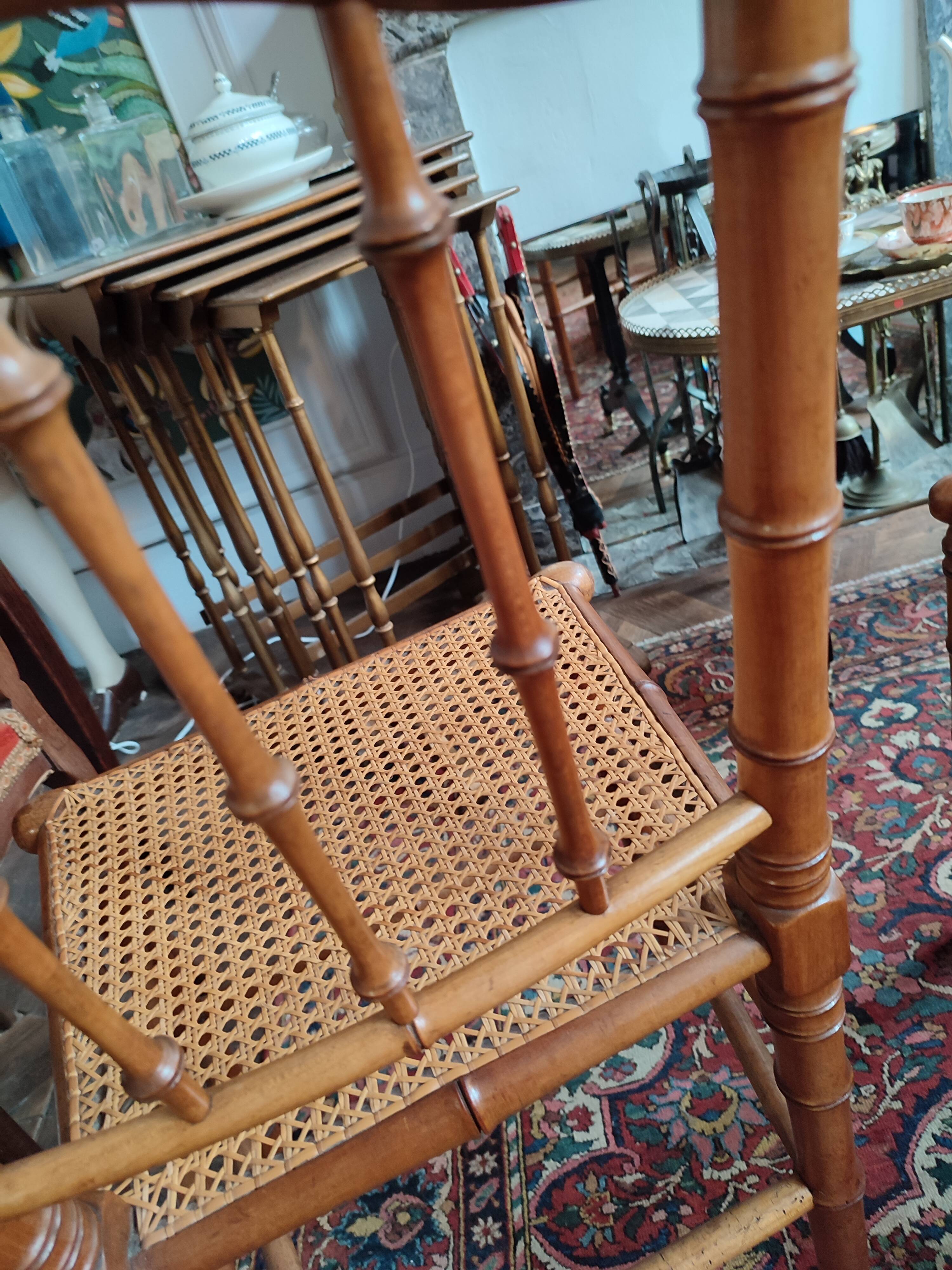 Pair of bamboo-style wooden canned chairs