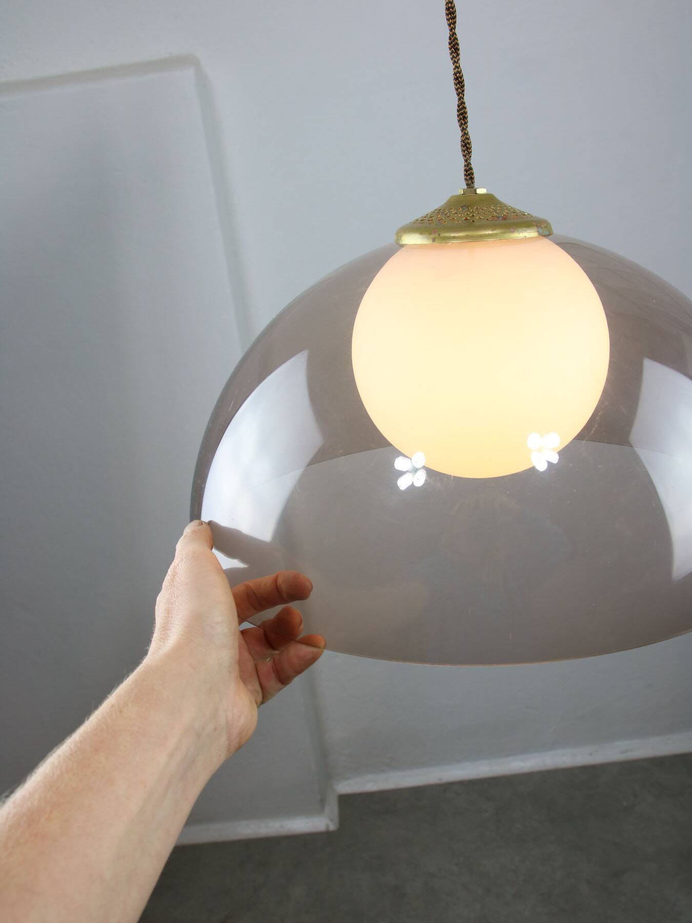 Space-age italian brass, opaline and plexiglass pendant lamp