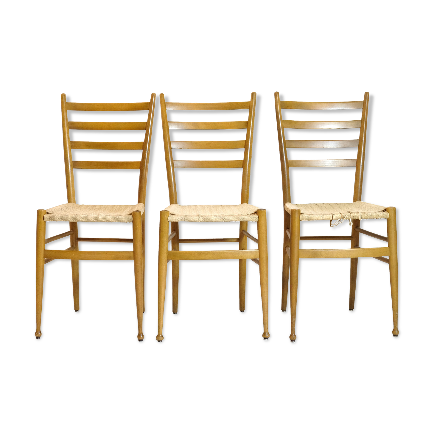 Trio of wooden chairs and rope, Italy, 1950s