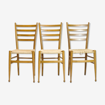 Trio de chaises en bois et corde, Italie, 1950