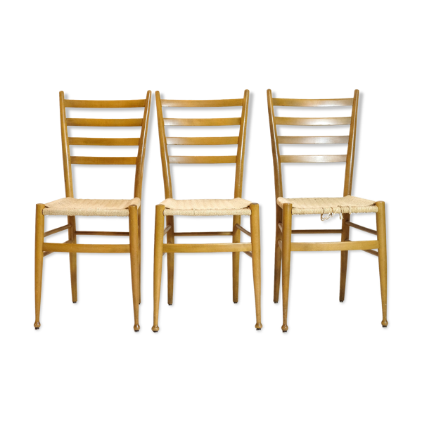 Trio de chaises en bois et corde, Italie, 1950