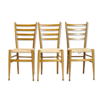 Trio de chaises en bois et corde, Italie, 1950