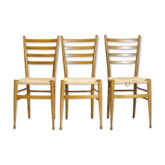 Trio de chaises en bois et corde, Italie, 1950