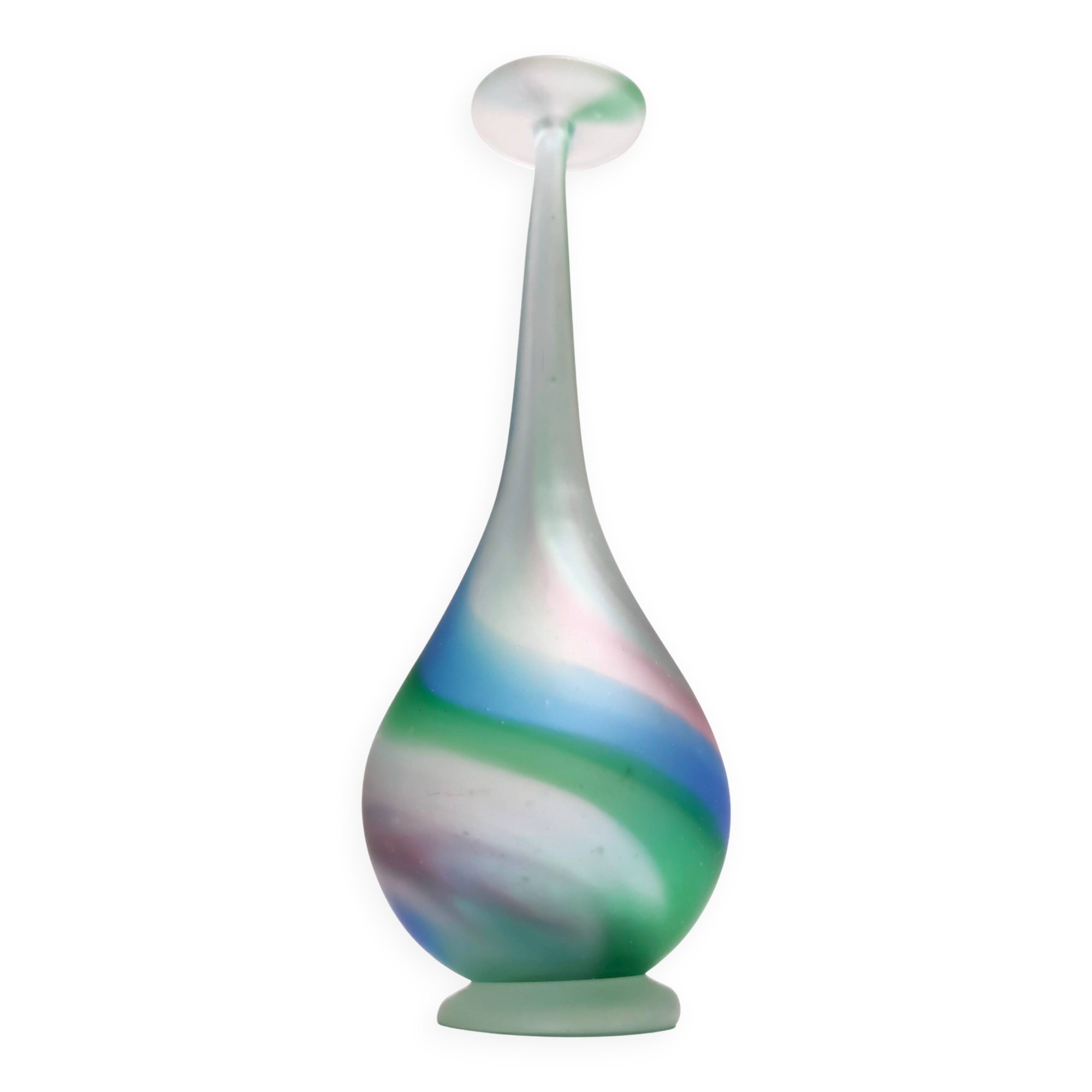 Green, Blue and Pink Etched Murano Glass Single Flower Vase, Italy