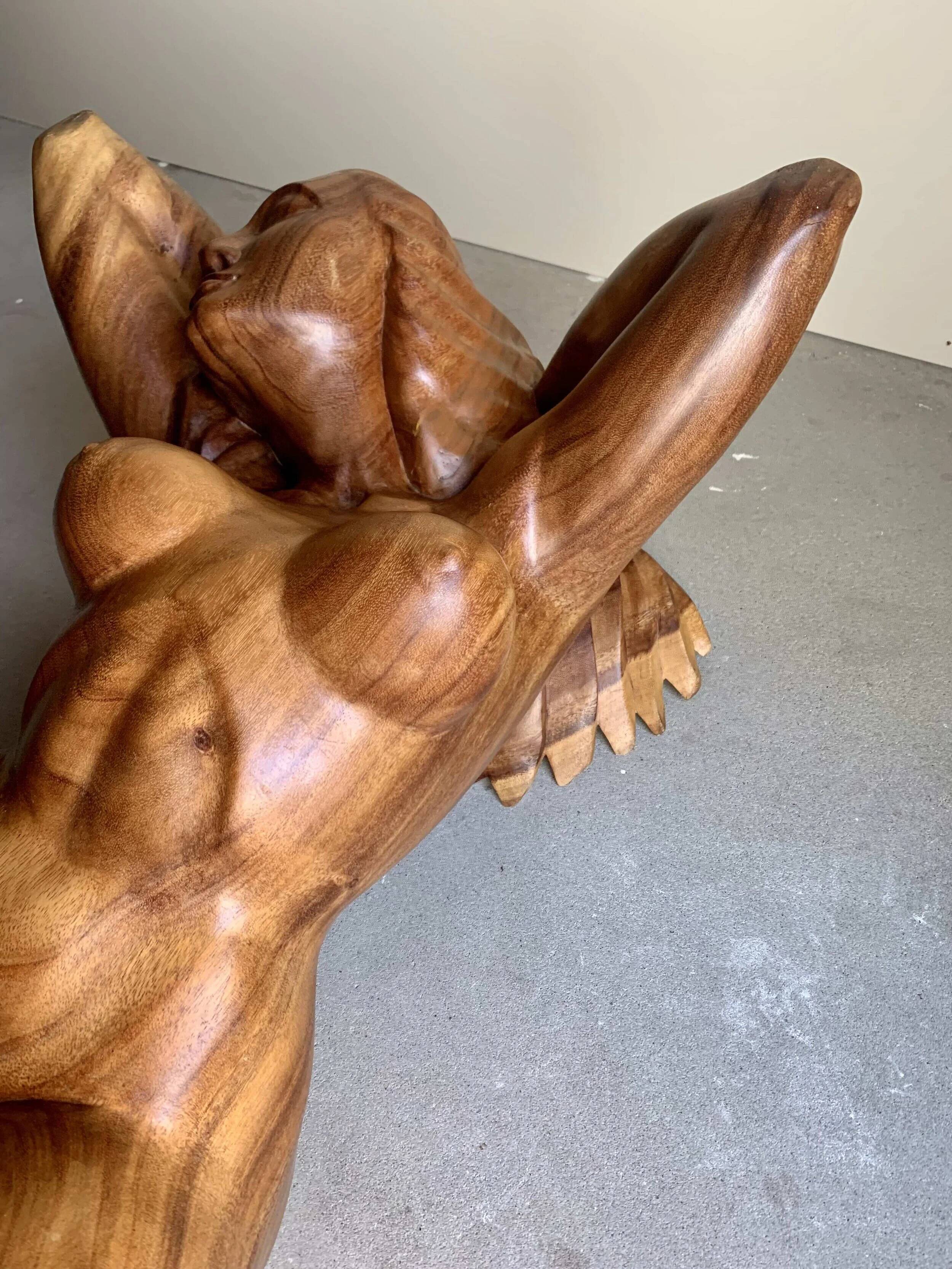 Vintage hand-carved wooden female nude sculpture coffee table