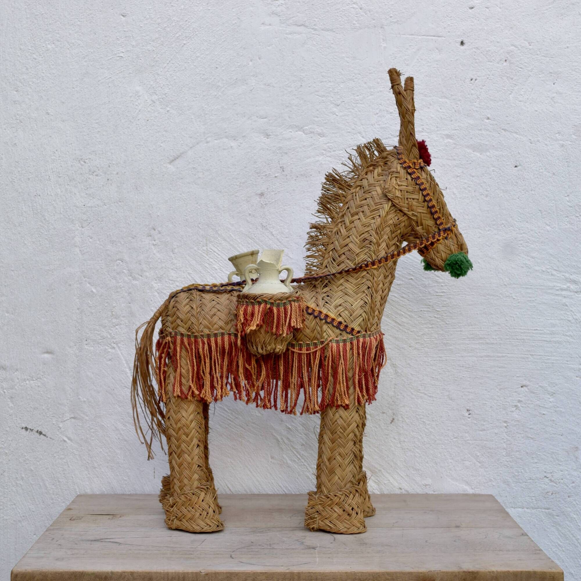 Spanish decorative donkey in raffia carrying two jars - 62 cm high - 1950