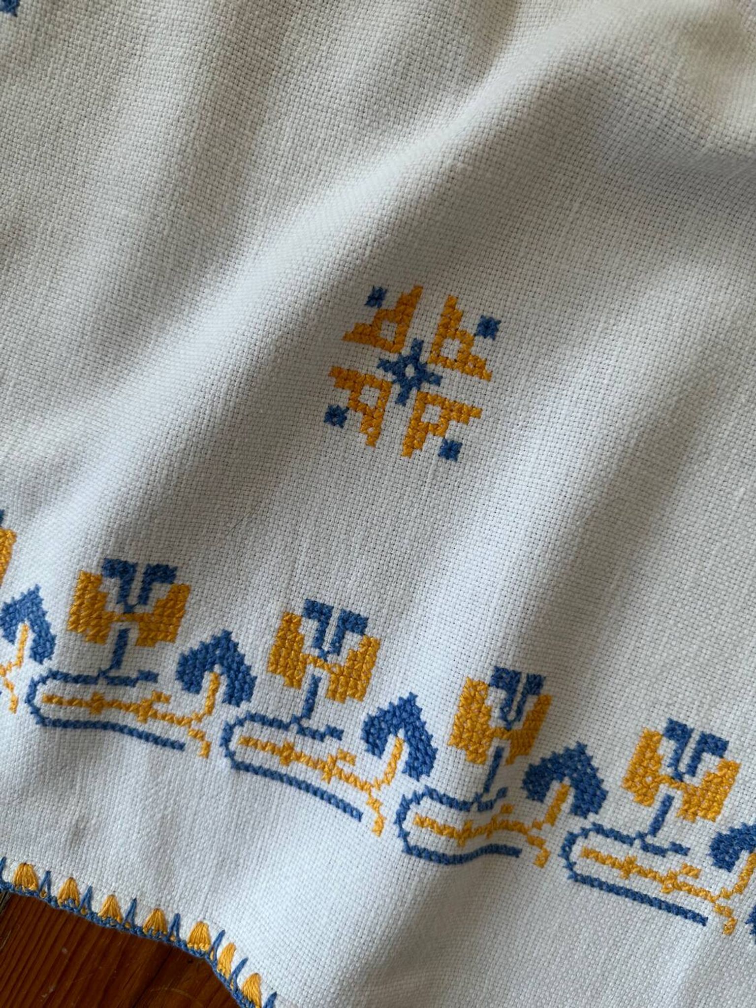 Embroidered white tablecloth