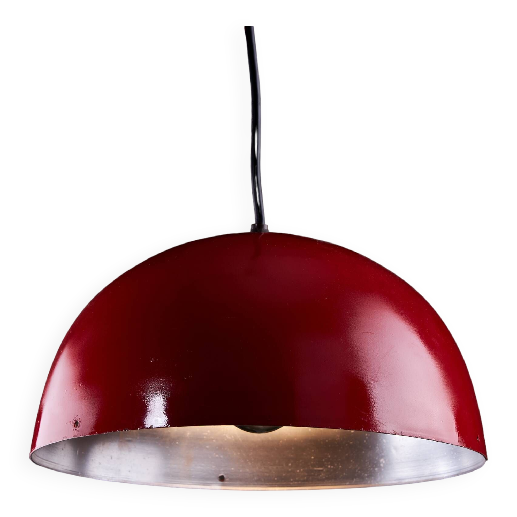 Italian, Hemispherical Red Aluminum Pendant with Round Holes on Top, 1970s
