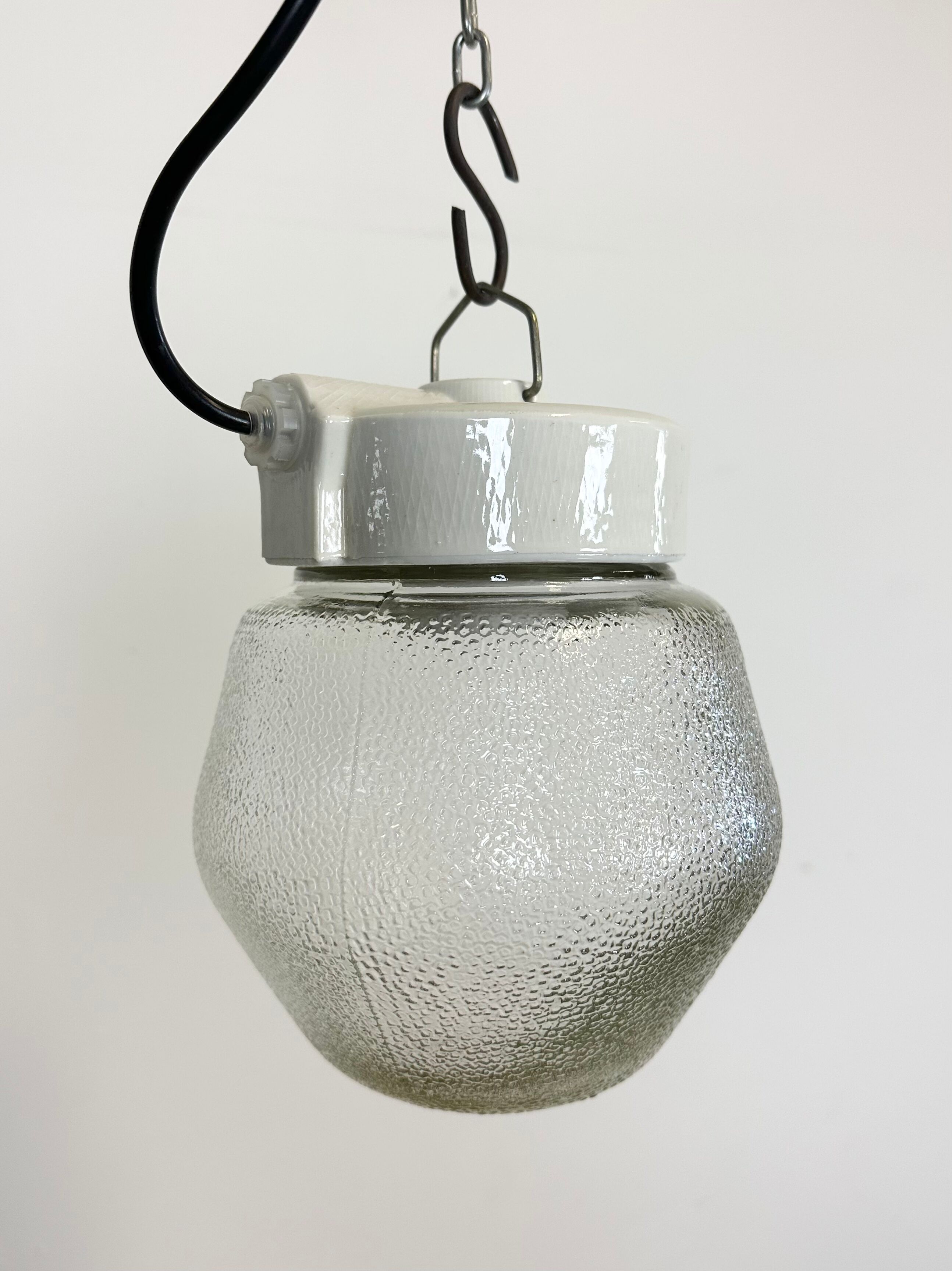 Vintage White Porcelain Pendant Light with Frosted Glass, 1970s